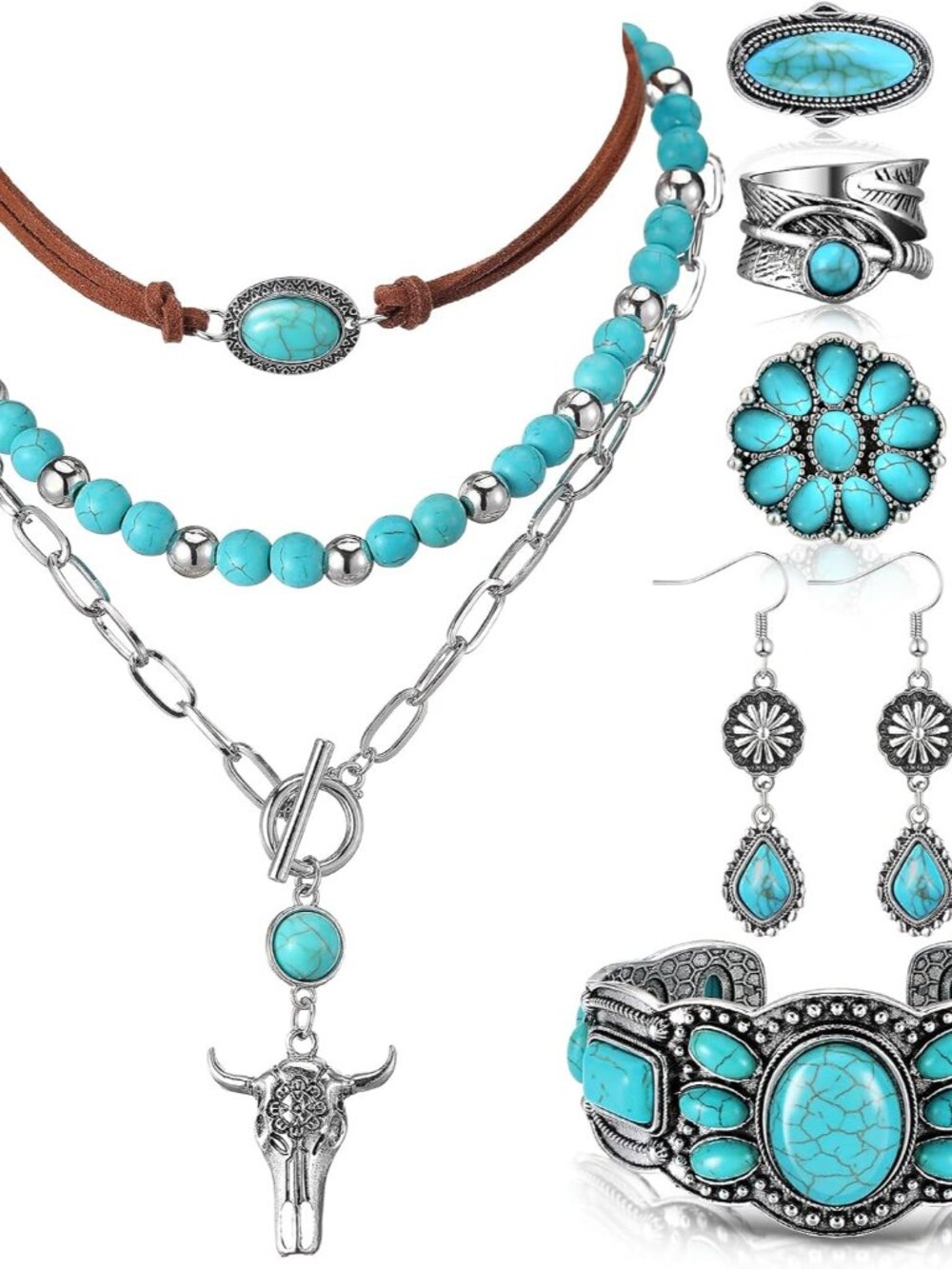 Bohemian Western Jewelry Turquoise Set Women Country Pendant Long Choker Layered